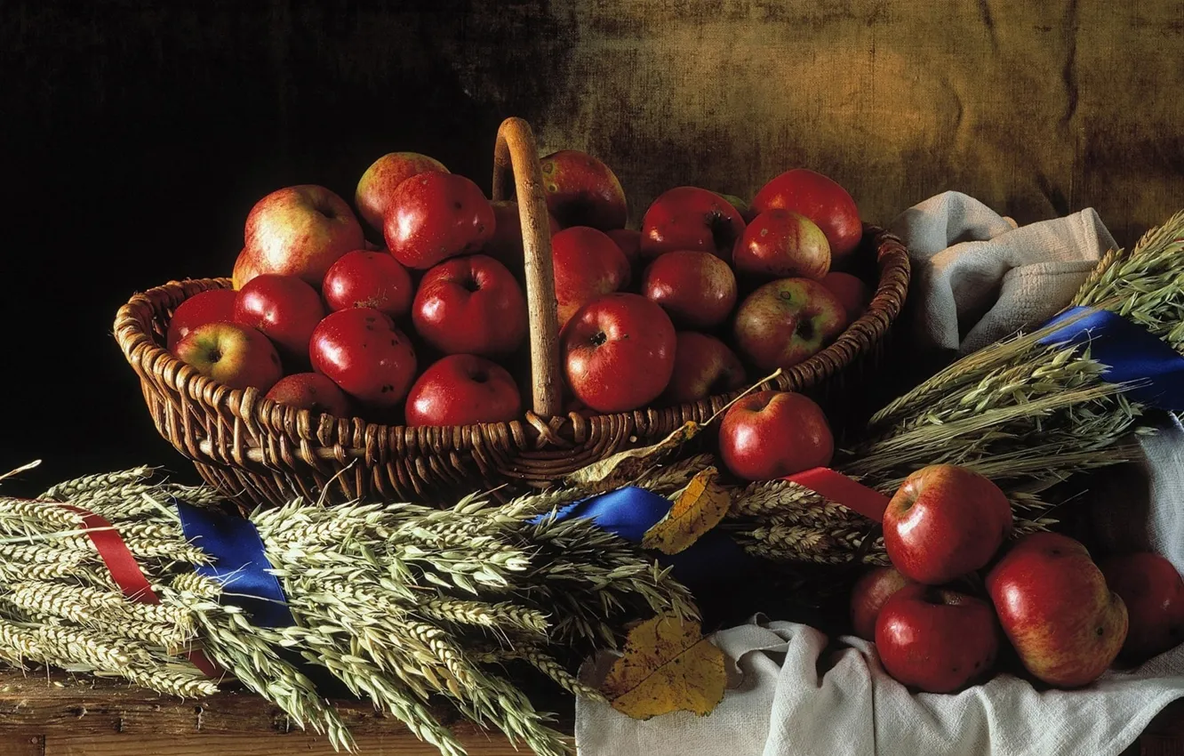 Photo wallpaper basket, apples, red, Still life, braided