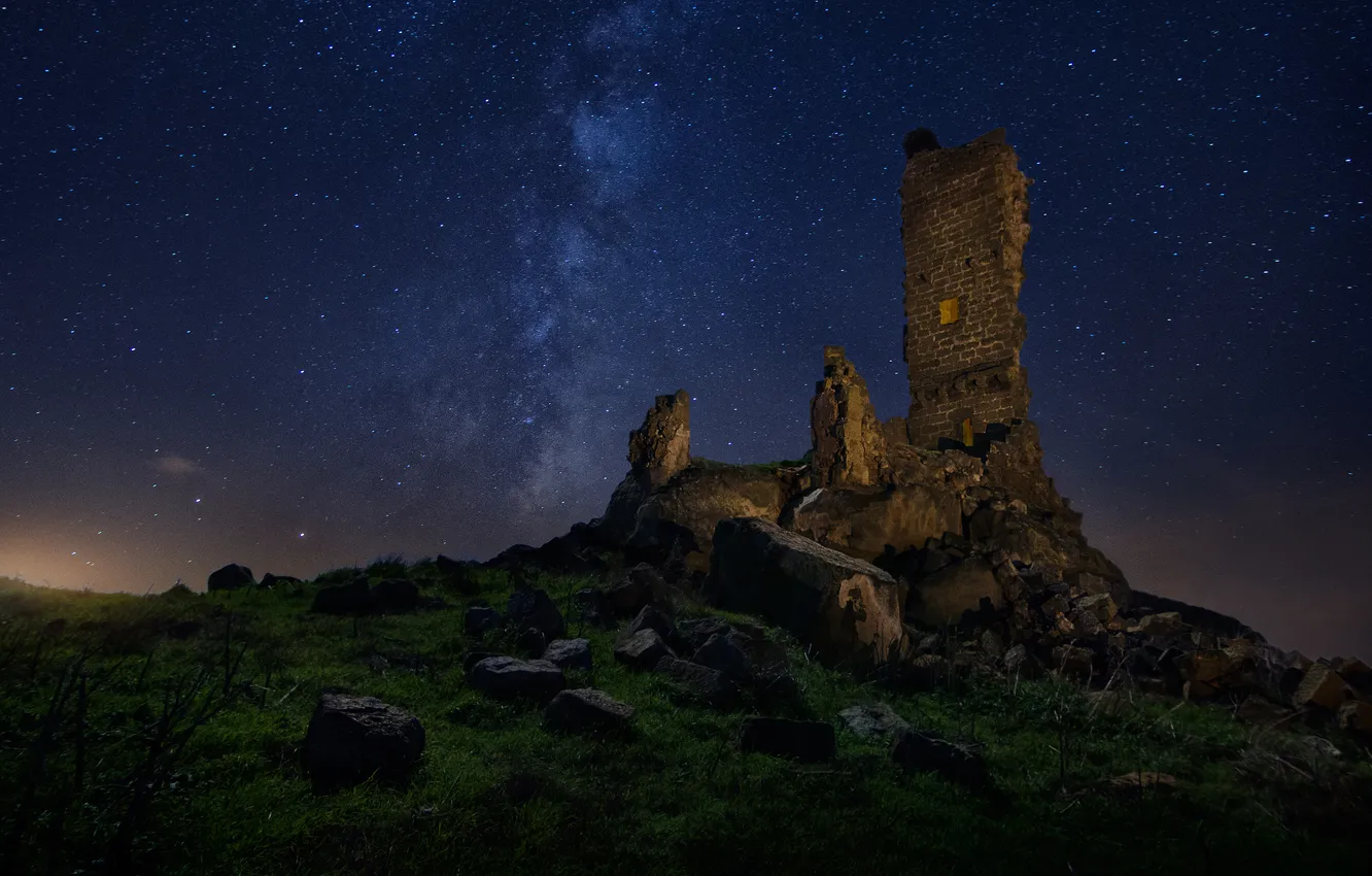 Photo wallpaper stars, night, darkness, stones, castle, hills, ruins, the milky way