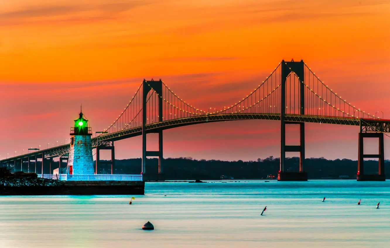 Photo wallpaper bridge, lights, lighthouse, USA, Newport, Rhode Island