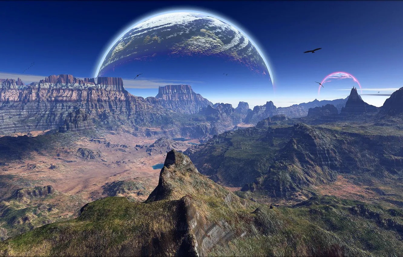 Photo wallpaper the sky, clouds, mountains, bird, planet