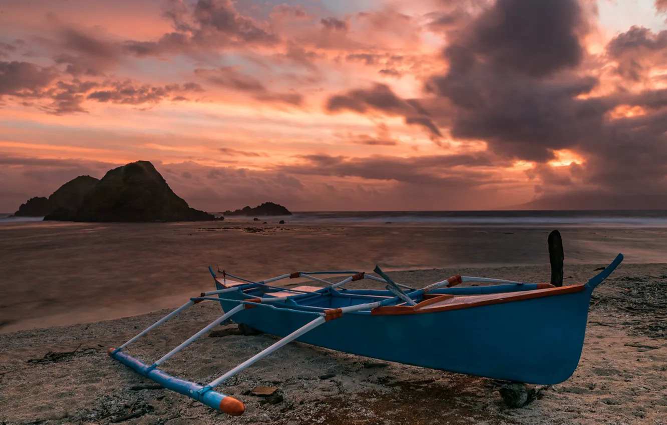Photo wallpaper sea, sunset, coast, boat
