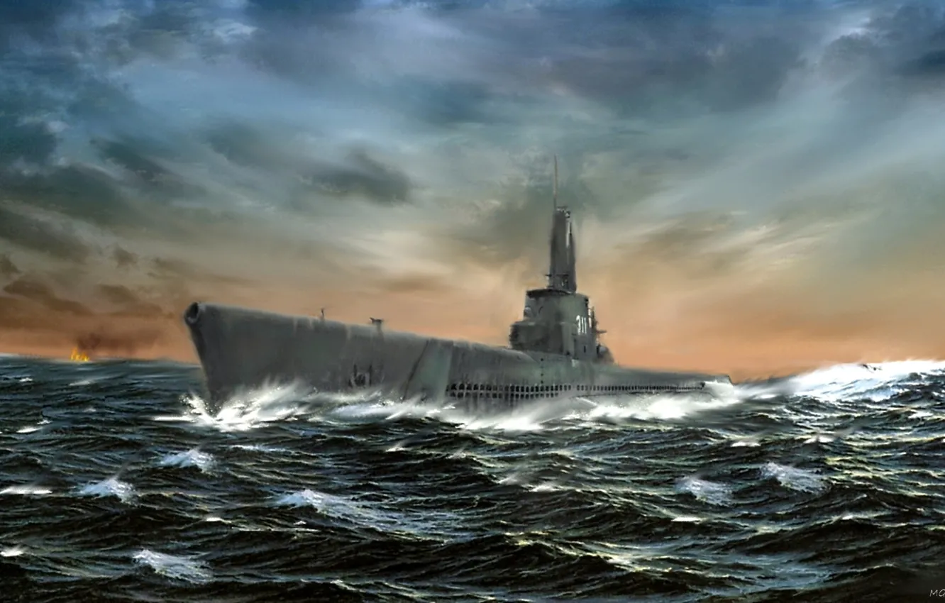 Photo wallpaper sea, wave, war, hike, submarine