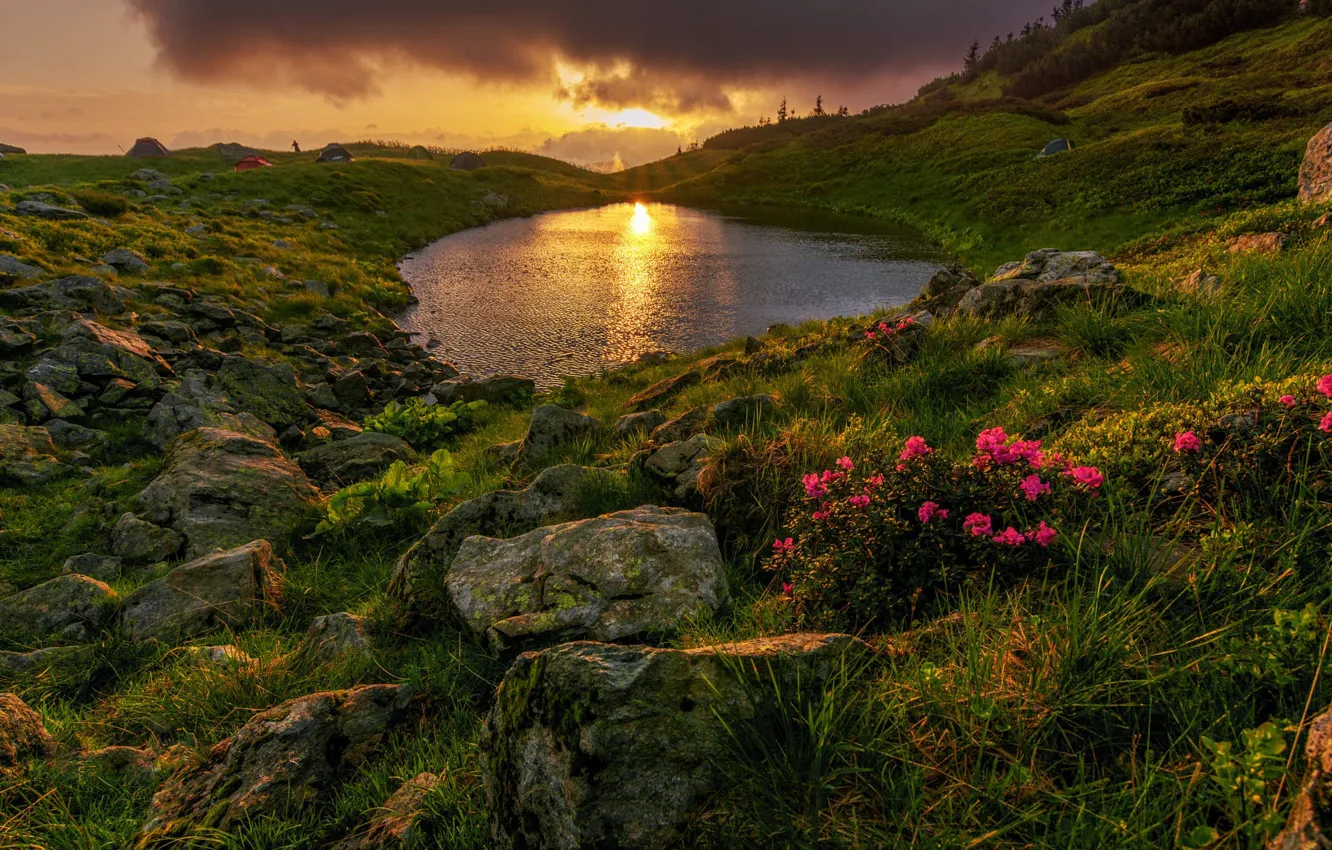 Photo wallpaper the sun, pond, stones, hills