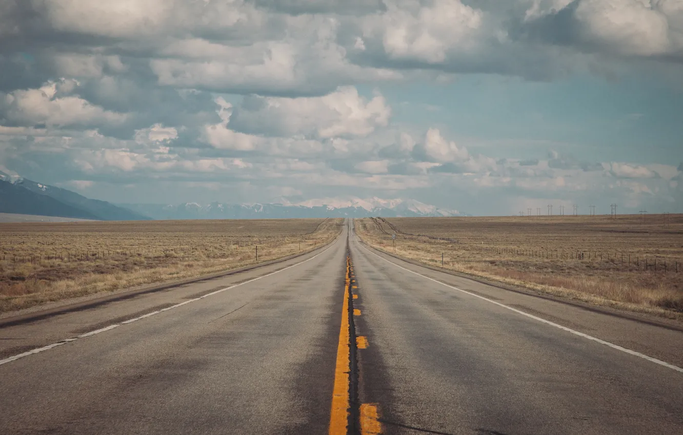 Photo wallpaper road, mountains, power line