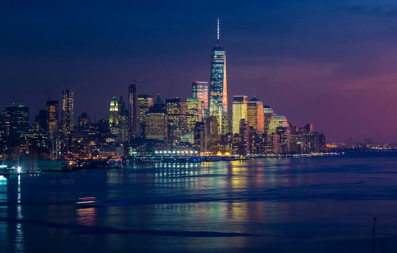 Photo wallpaper night, lights, coast, home, New York, skyscrapers, lights, Bay
