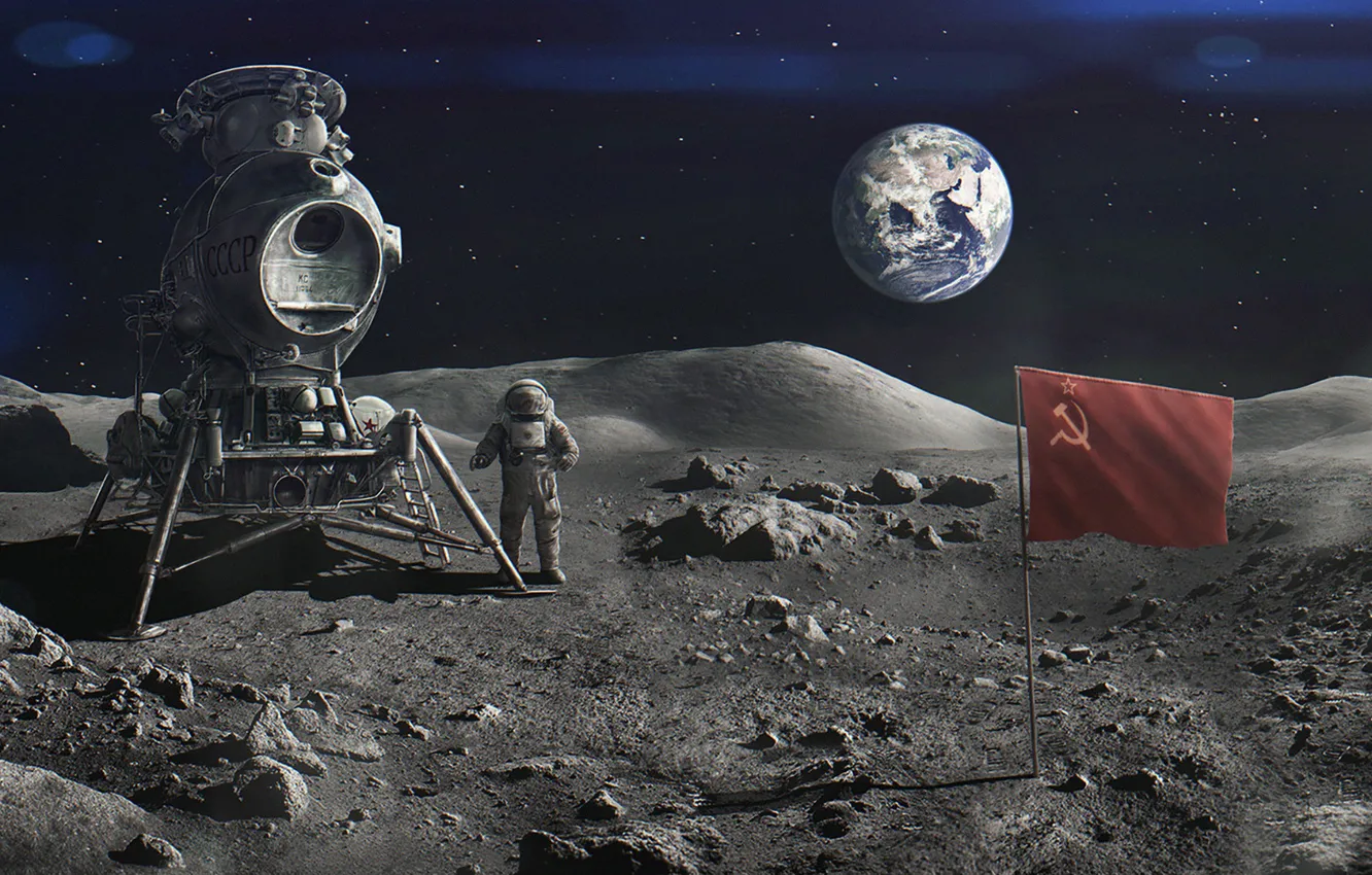 Photo wallpaper earth, astronaut, The moon, flag, USSR, ussr, Evgenij Kungur, Project N1-L3