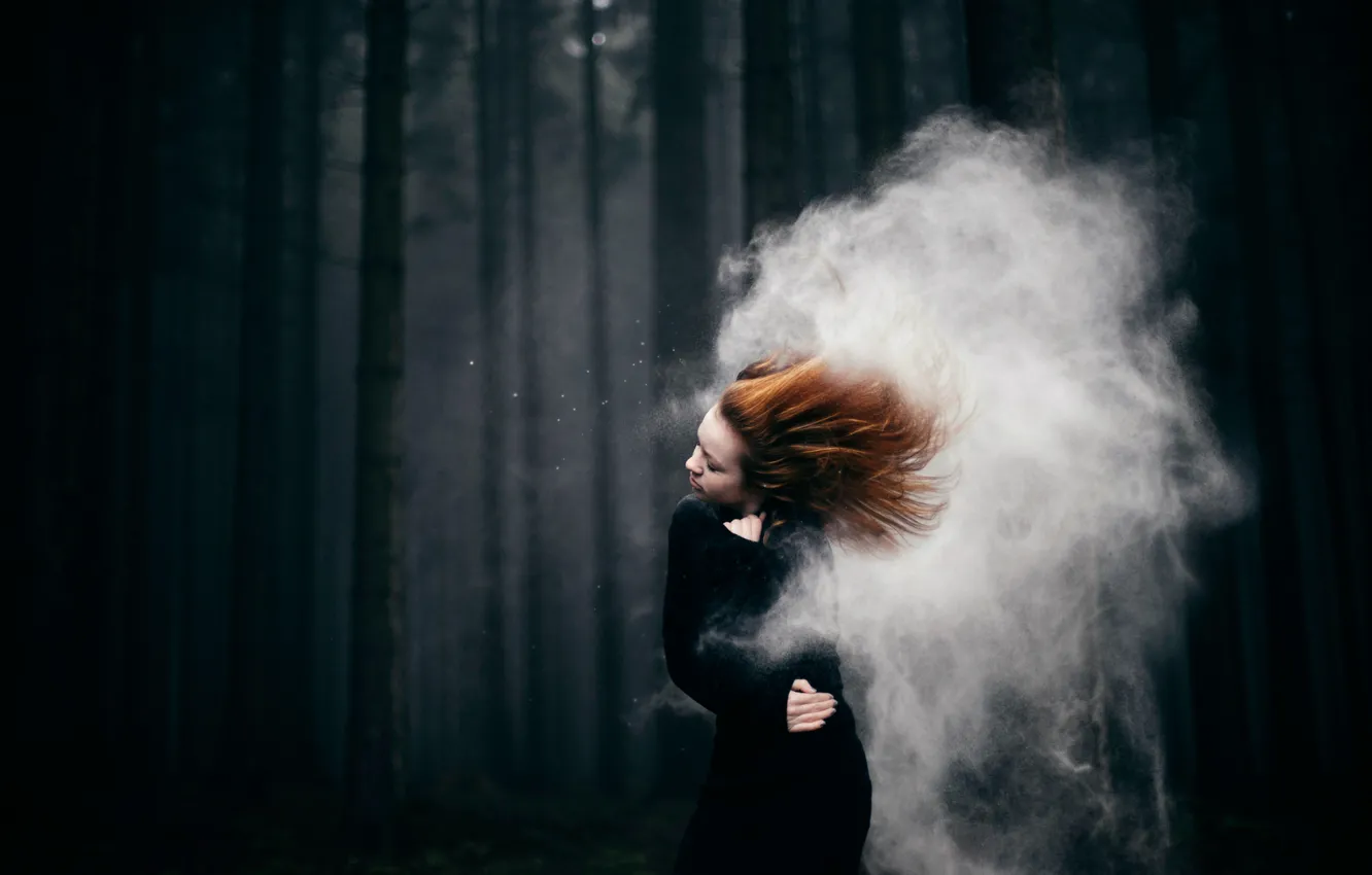Photo wallpaper forest, girl, hair, Storm, stroke