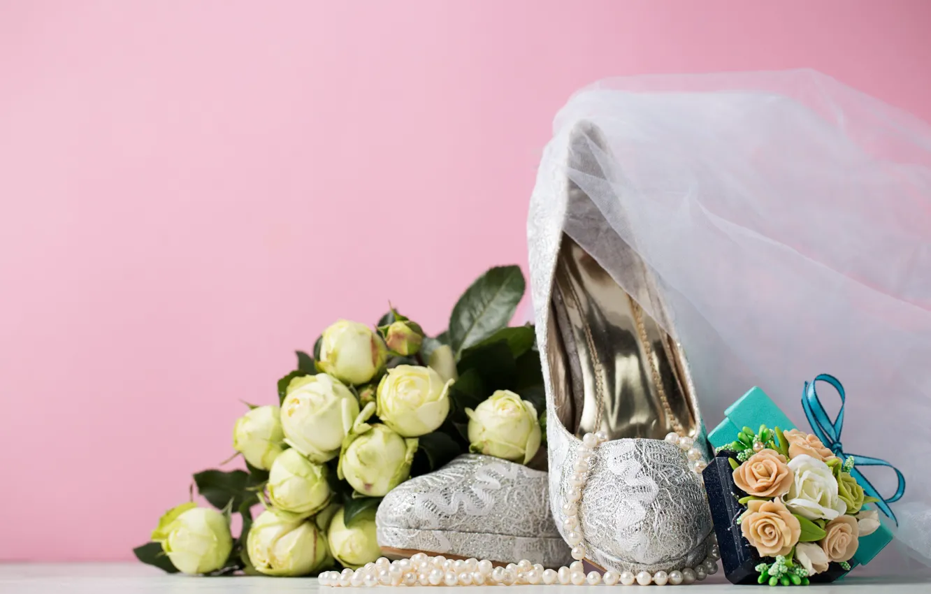 Photo wallpaper bouquet, shoes, gifts, beads, decoration, veil, wedding, Valeria Maksakova