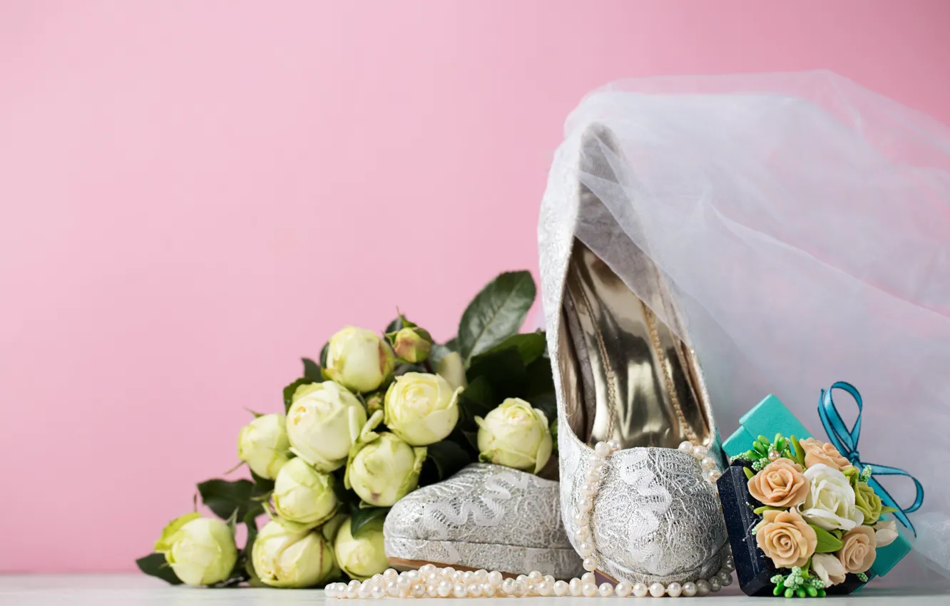 Photo wallpaper gift, decoration, wedding, beads, bouquet, Valeria Maksakova, shoes, veil