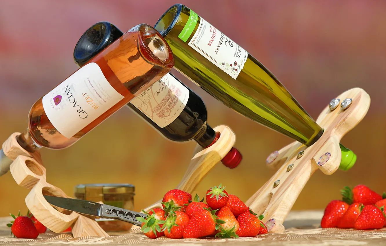 Photo wallpaper berries, background, wine, bottle, men, strawberry, knife, wooden