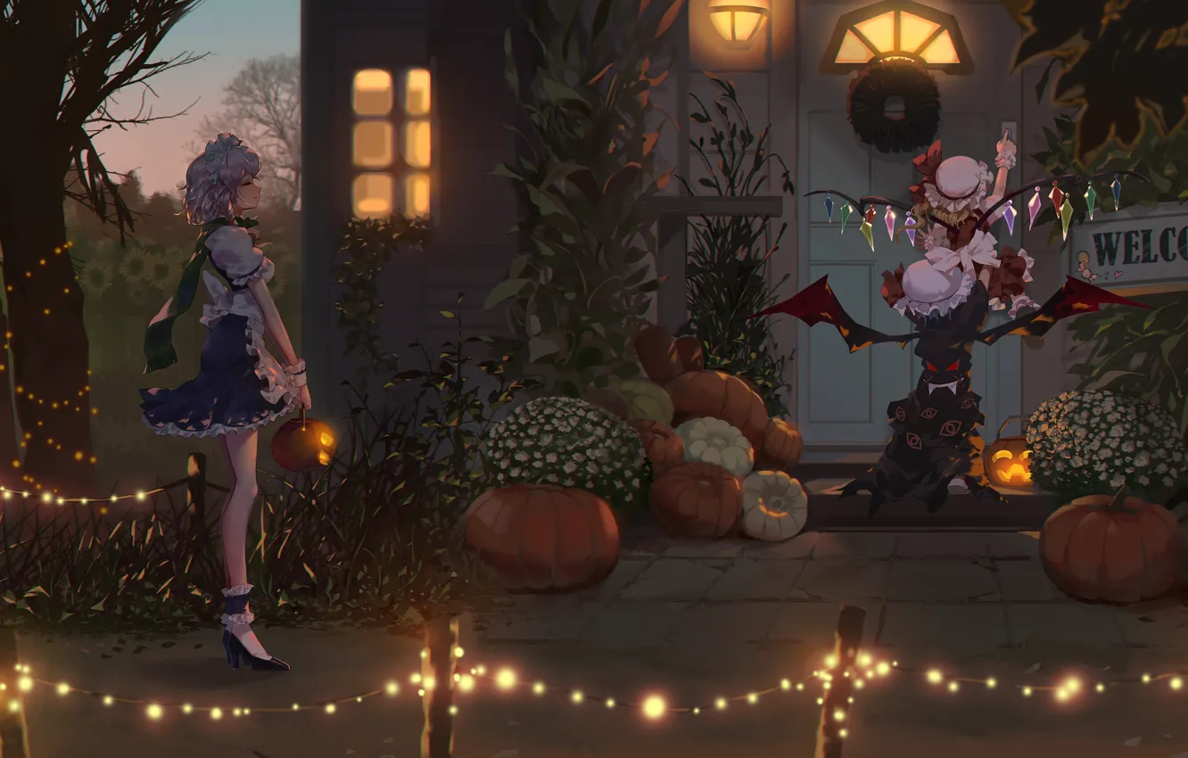 Photo wallpaper Halloween, anime, Izayoi Sakuya, Touhou Project, Remilia Scarlet, Flandre Scarlet