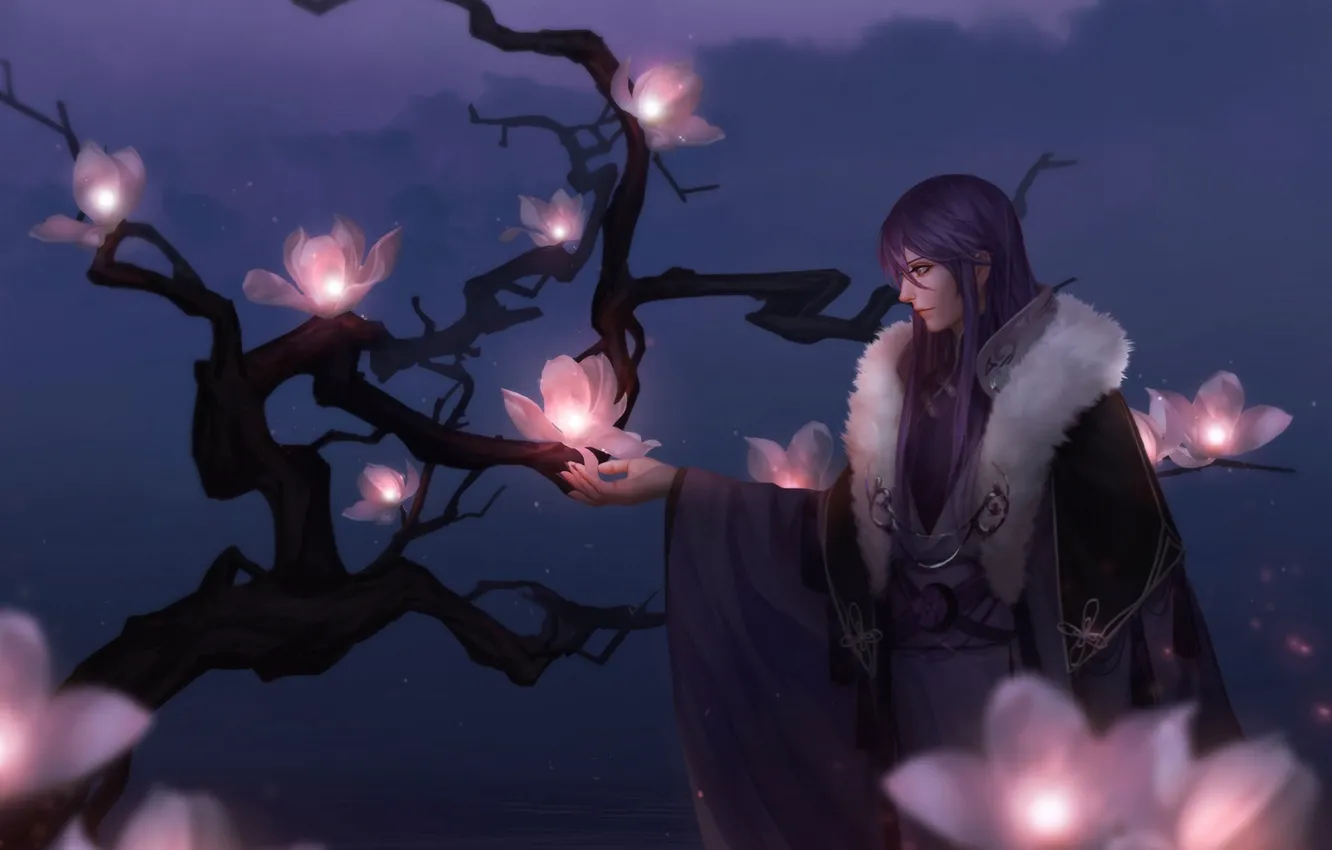 Photo wallpaper flowers, night, tree, branch, anime, art, guy, vocaloid