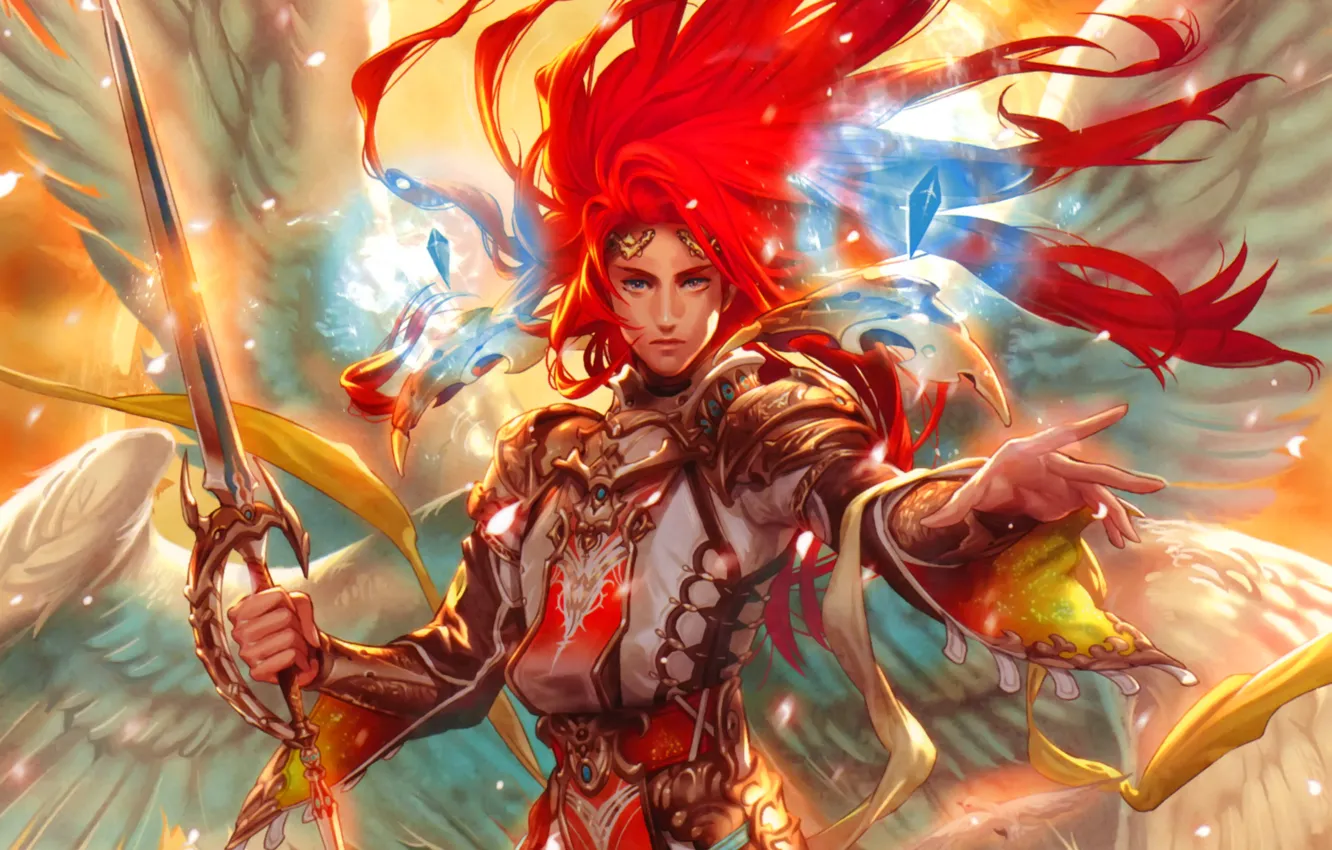 Photo wallpaper wings, angel, sword, male, crystals, red, art, Midori Foo