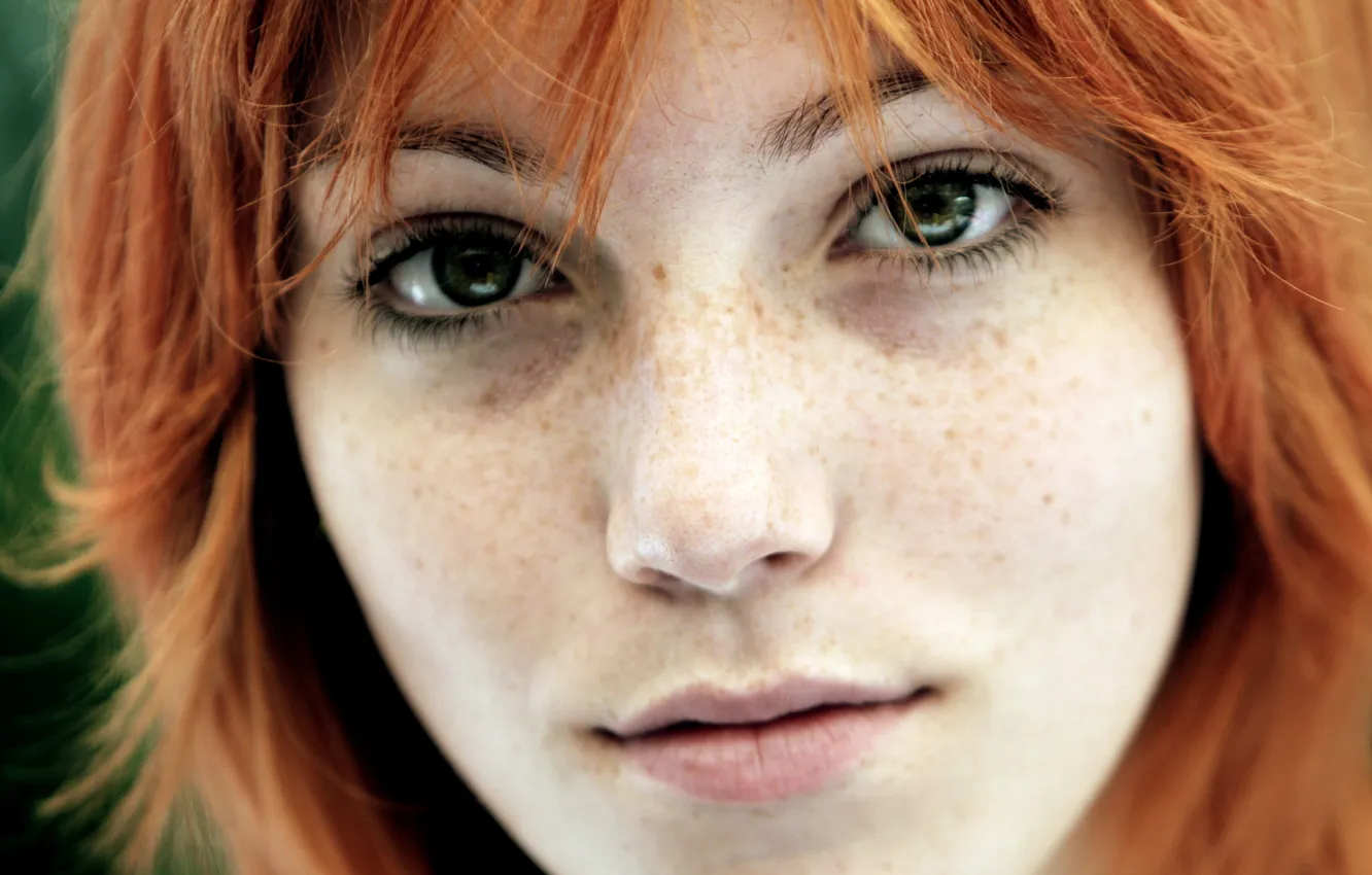 Photo wallpaper eyes, look, green, hair, portrait, red