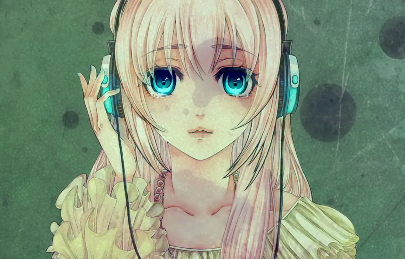 Photo wallpaper girl, face, background, headphones, vocaloid, megurine luka
