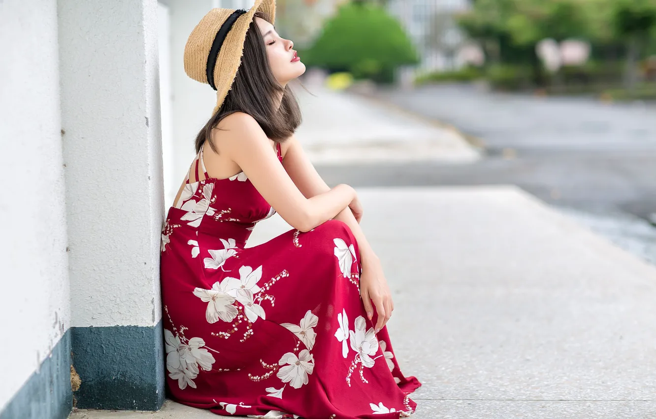 Photo wallpaper girl, hat, dress, Asian, cutie