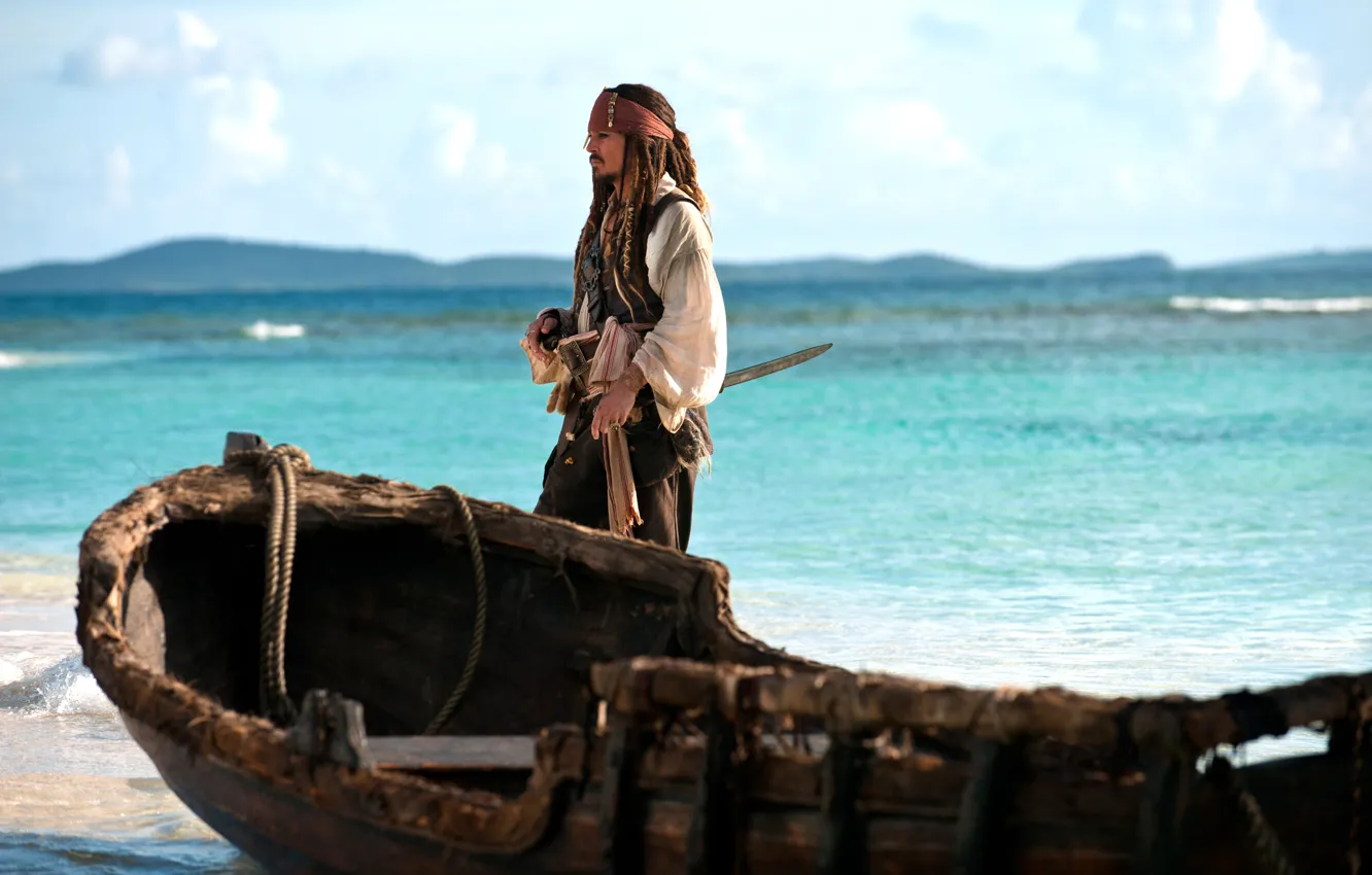 Photo wallpaper sea, the ocean, boat, Johnny Depp, pirate, Johnny Depp, Pirates of the Caribbean: On stranger …