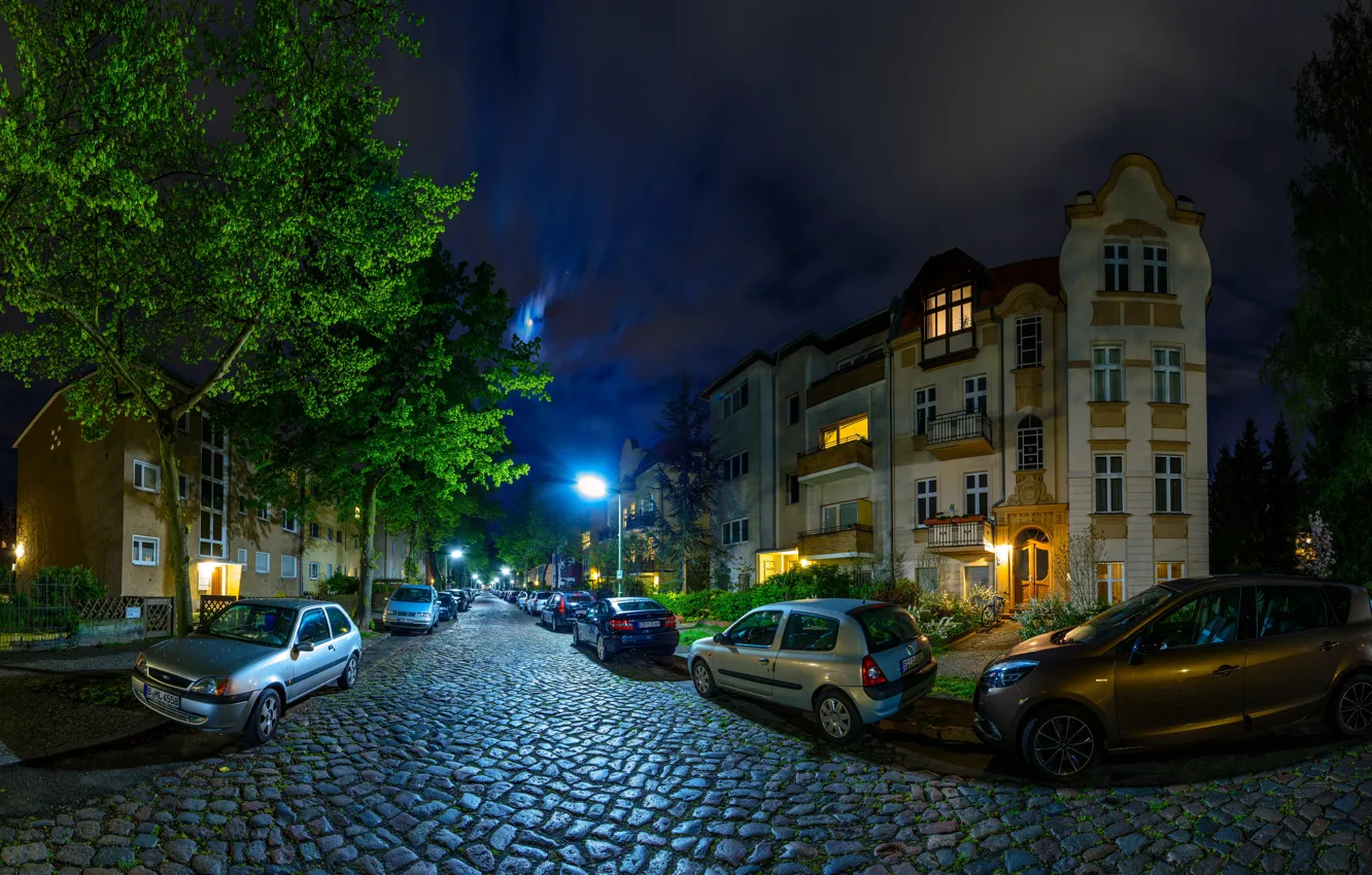 Photo wallpaper night, street, building, Germany, lights, car, Berlin