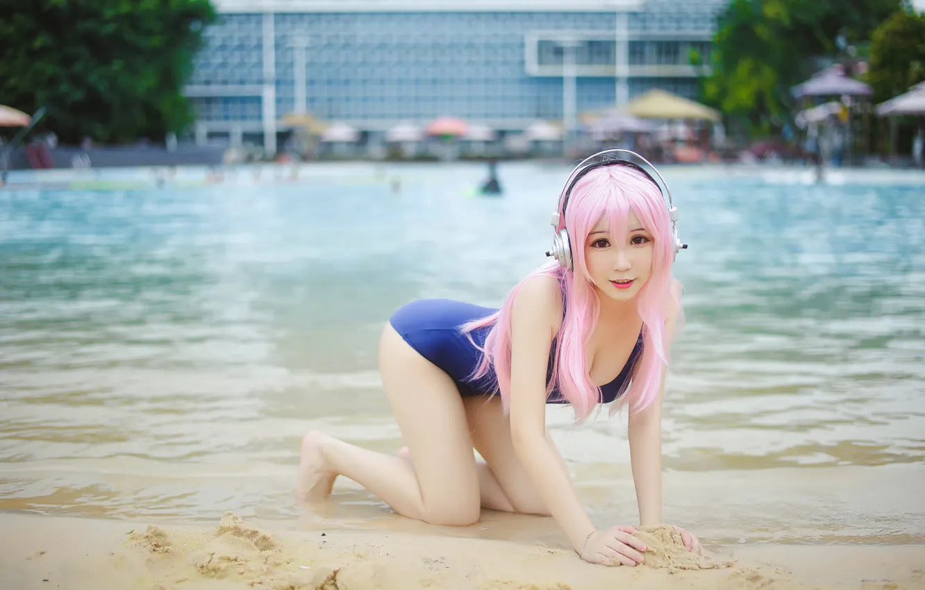 Photo wallpaper girl, headphones, beautiful, asian, swimsuit, pose, cute