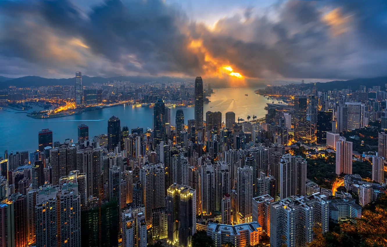 Photo wallpaper City, Clouds, Sky, Sunset, Hong Kong, Sea