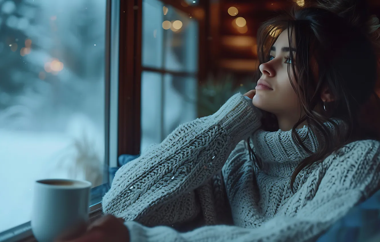 Photo wallpaper winter, girl, window, AI art, neural network