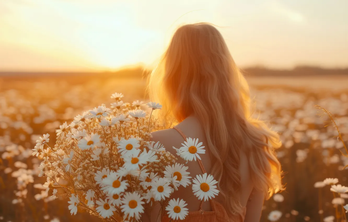 Photo wallpaper summer, girl, light, dawn, chamomile, bouquet, morning, blonde