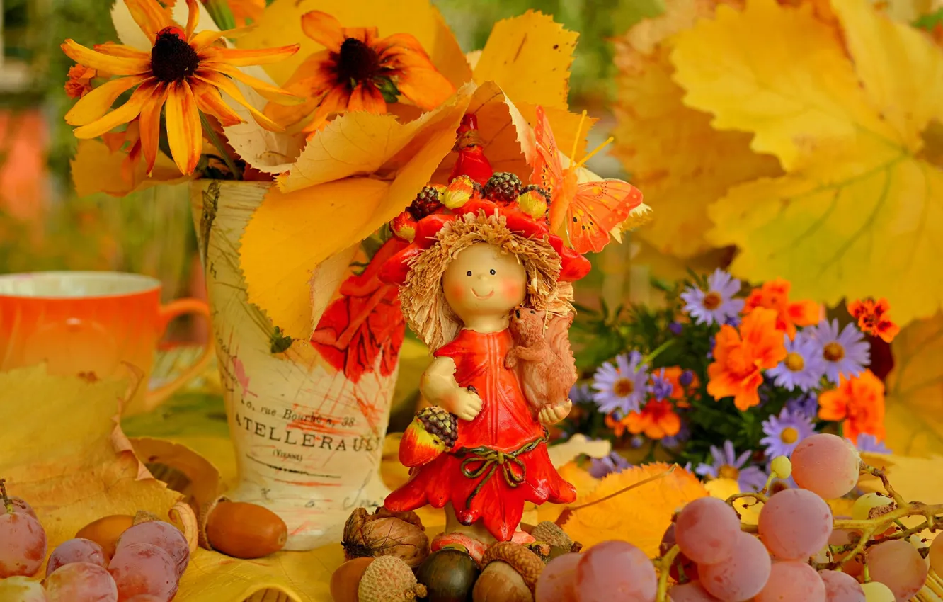 Photo wallpaper autumn, leaves, flowers, doll, grapes, flowers, autumn, leaves