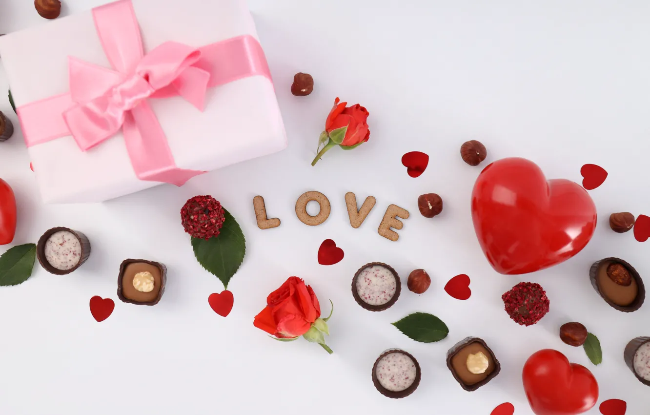 Photo wallpaper love, gift, romance, heart, chocolate, hearts, red, love