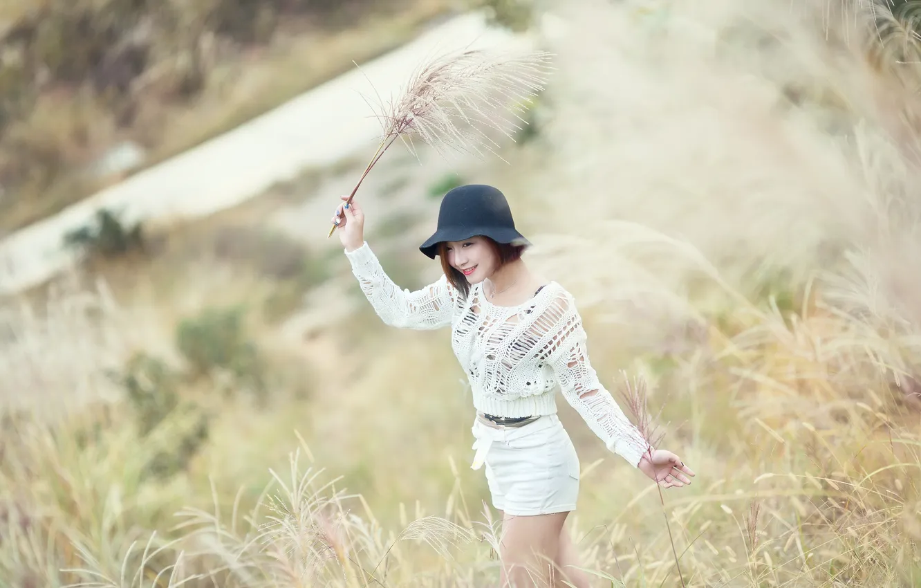 Photo wallpaper grass, branches, pose, model, shorts, portrait, hat, makeup
