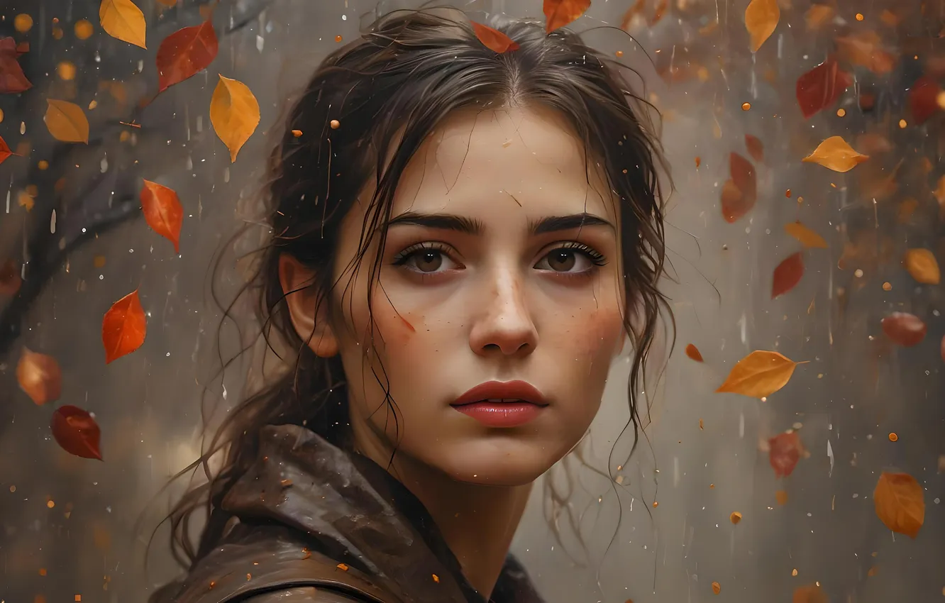 Photo wallpaper autumn, girl, drops, rain, foliage, portrait, brunette, grey background