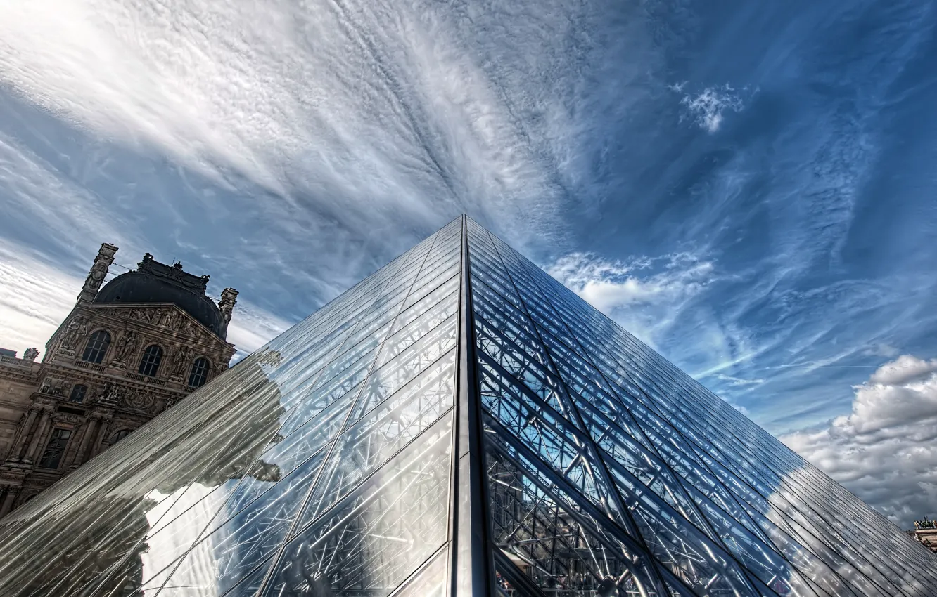 Photo wallpaper clouds, Paris, building, beauty, Paris, Louvre, the sky is blue, glazed