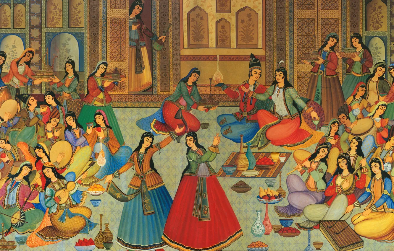 Photo wallpaper Music, party, dress, girls, dance, women, color, painting