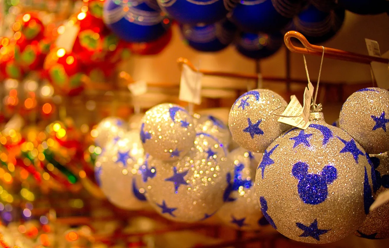 Photo wallpaper holiday, balls, Shine, shop, Christmas decorations, celebration, Mickey mouse