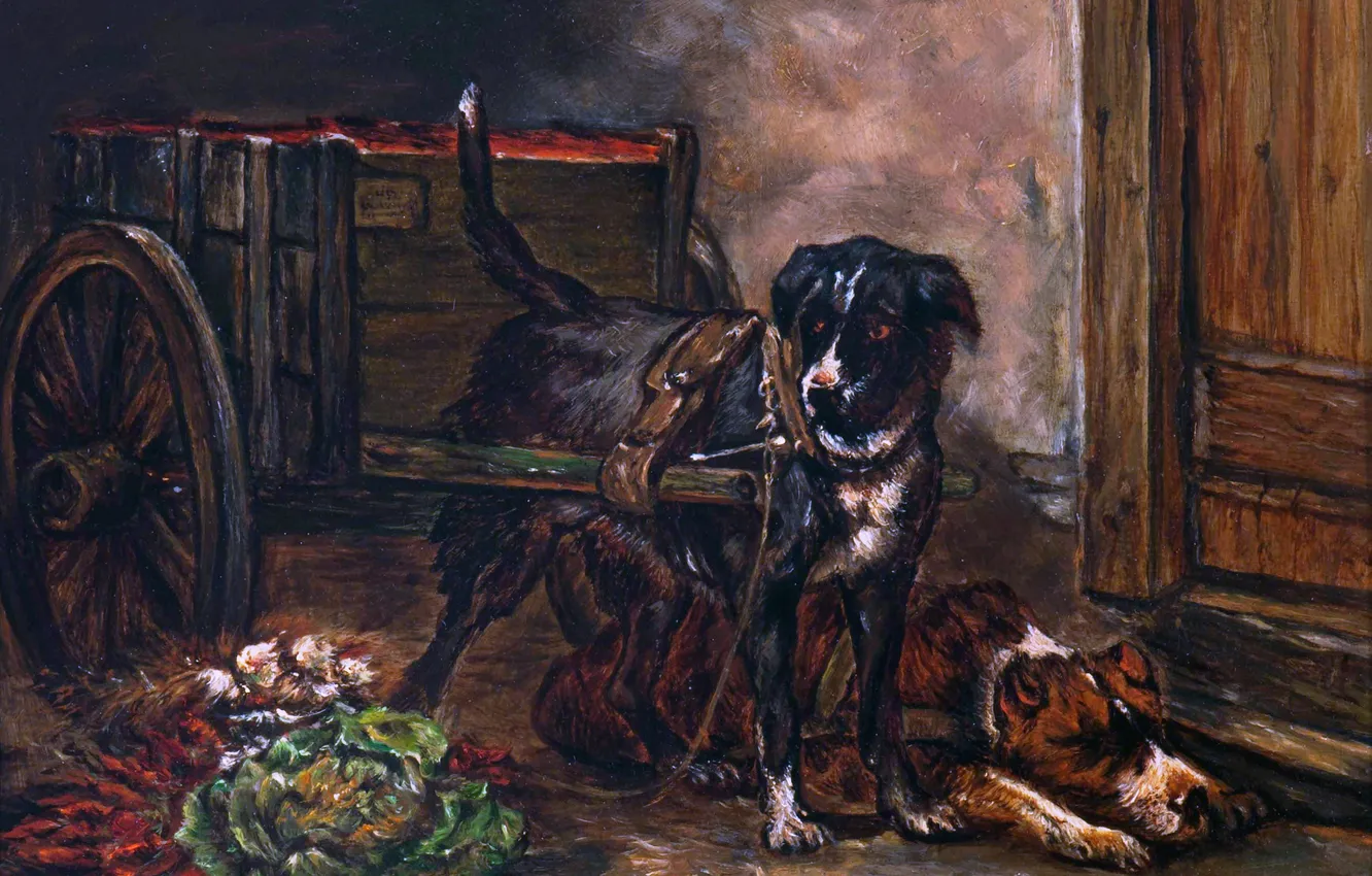Photo wallpaper Picture, Dogs, Two, Henrietta Ronner-Knipe, Truck, Henriette Ronner-Knip, The Belgian artist, Two dogs at a …