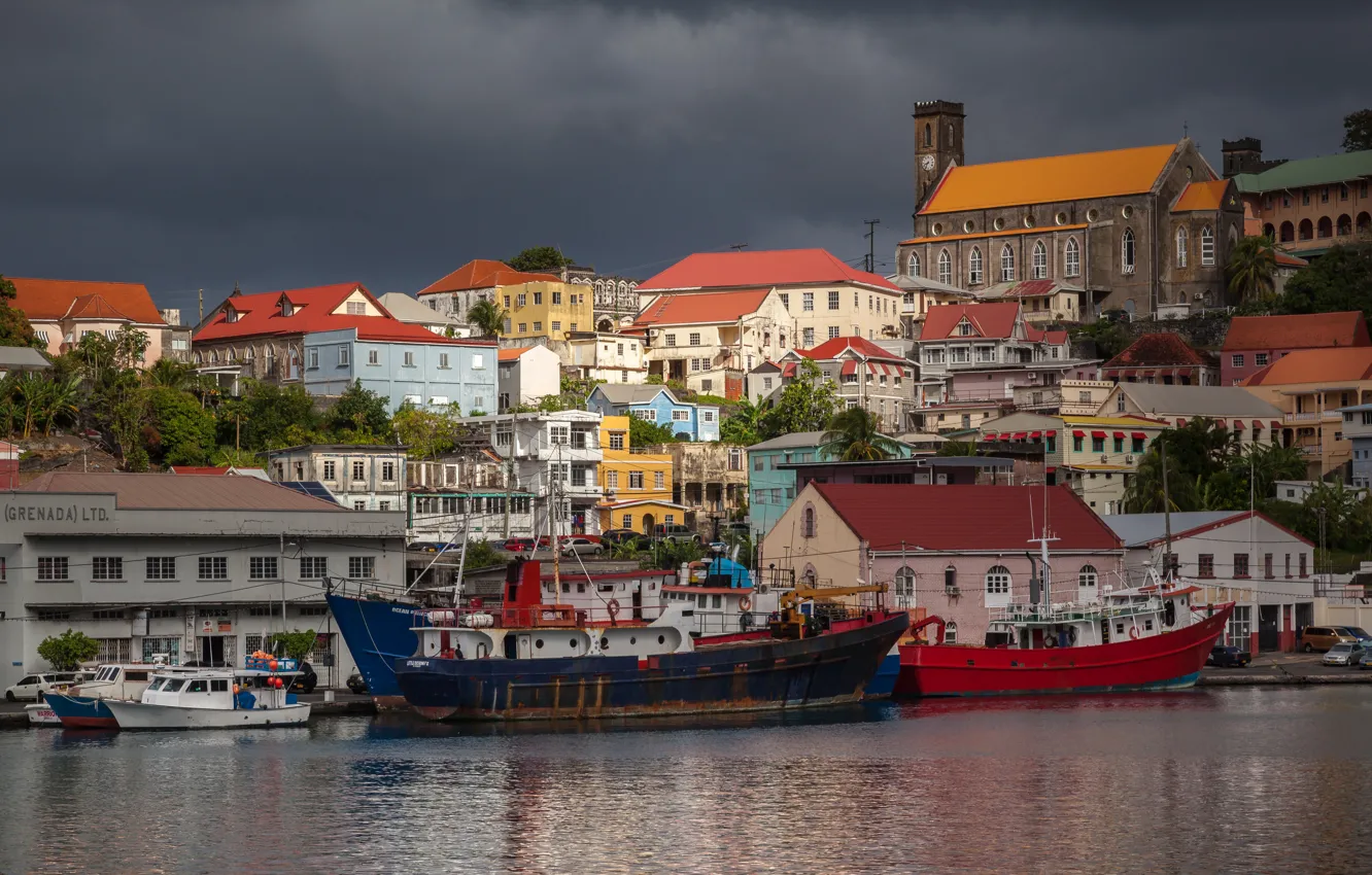 Photo wallpaper ship, building, home, pier, harbour, Grenada, Grenada, St. George's Inner Harbour