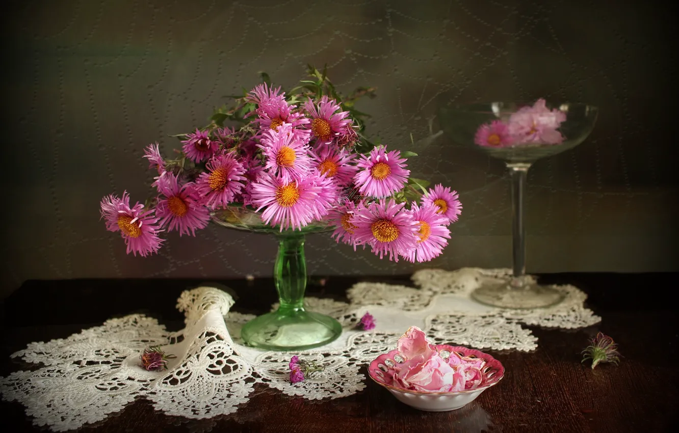 Photo wallpaper flowers, glass, petals, outlet, table, napkin, vase, asters
