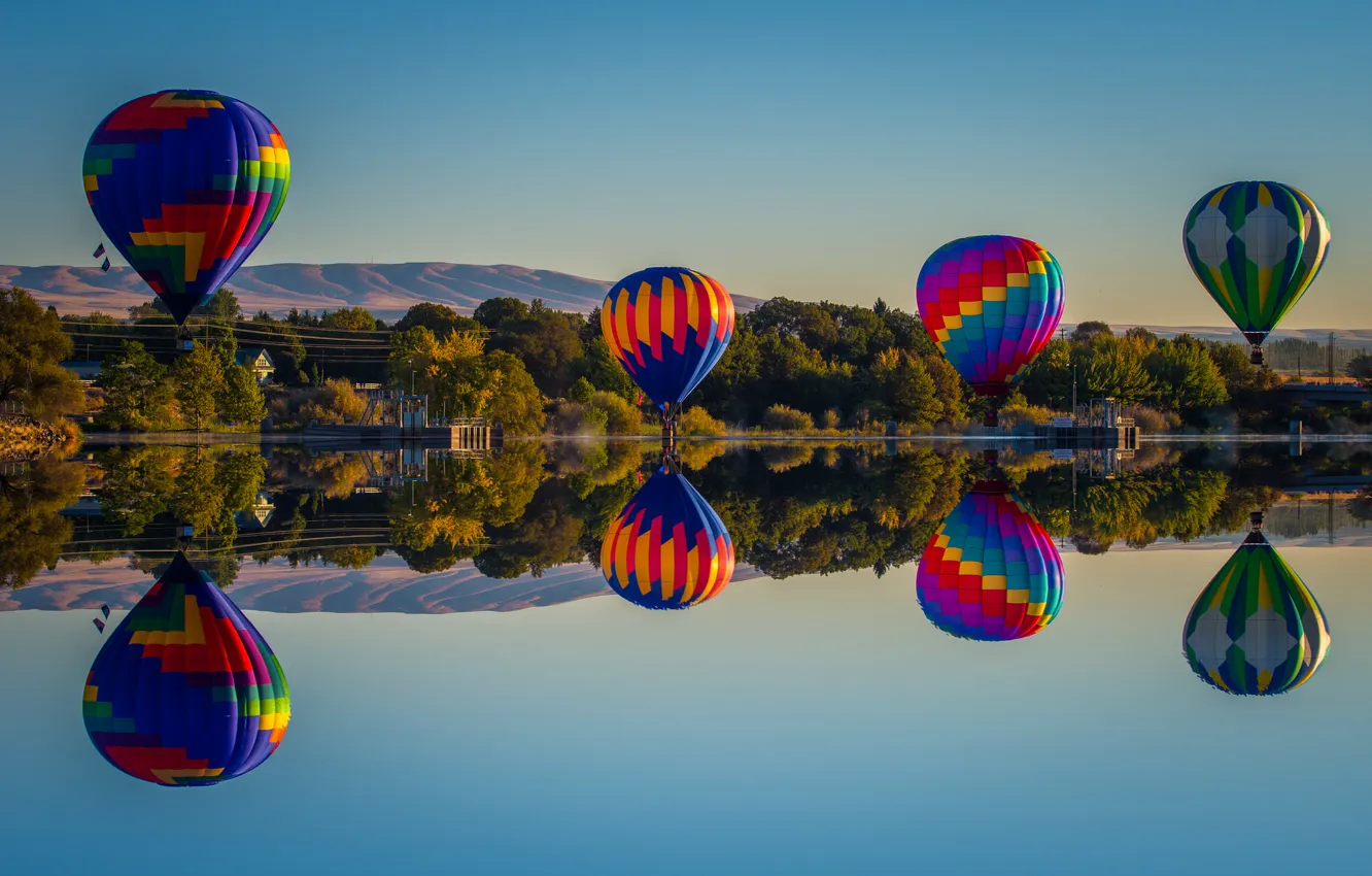Photo wallpaper the sky, mountains, lake, reflection, balloons, mirror, extreme sports, the shore of the lake