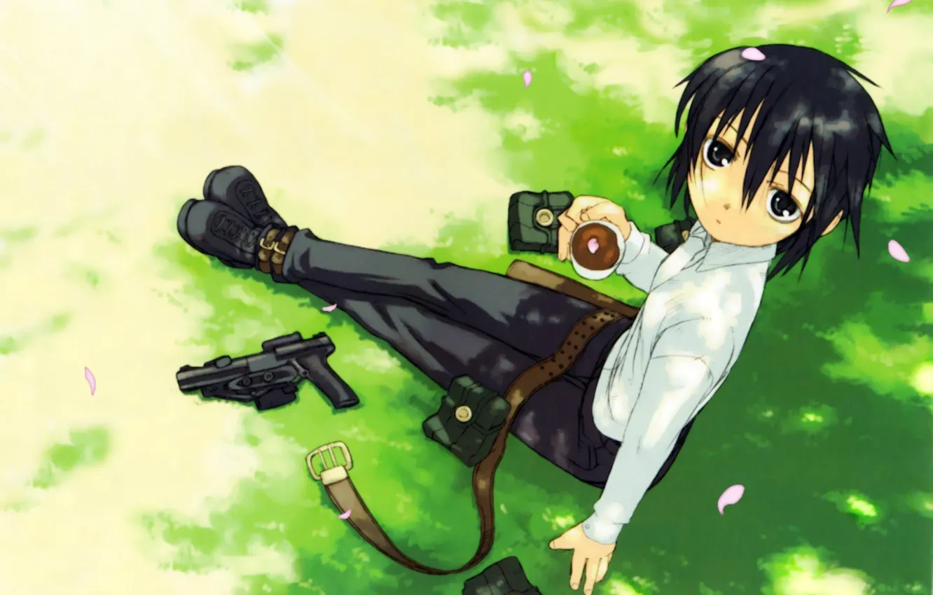 Photo wallpaper gun, stay, petals, strap, art, kino no tabi, a Cup of coffee, truck