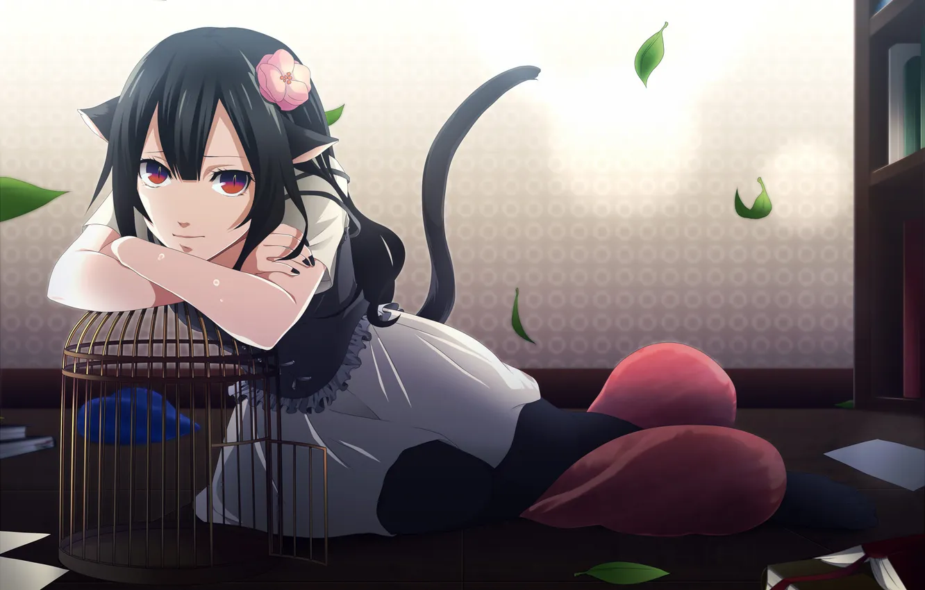 Photo wallpaper leaves, flowers, cell, art, girl, tail, ears, sitting