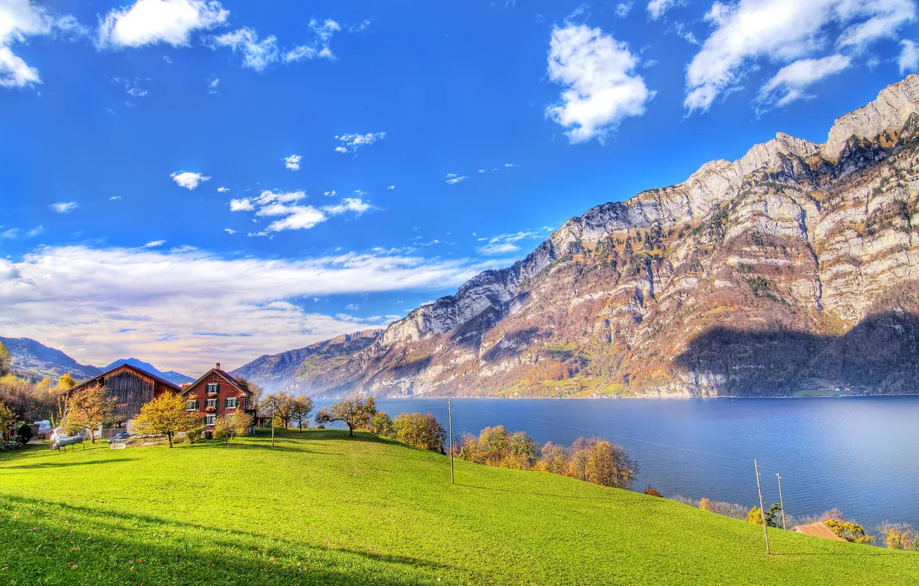Photo wallpaper the sky, mountains, rocks, shore