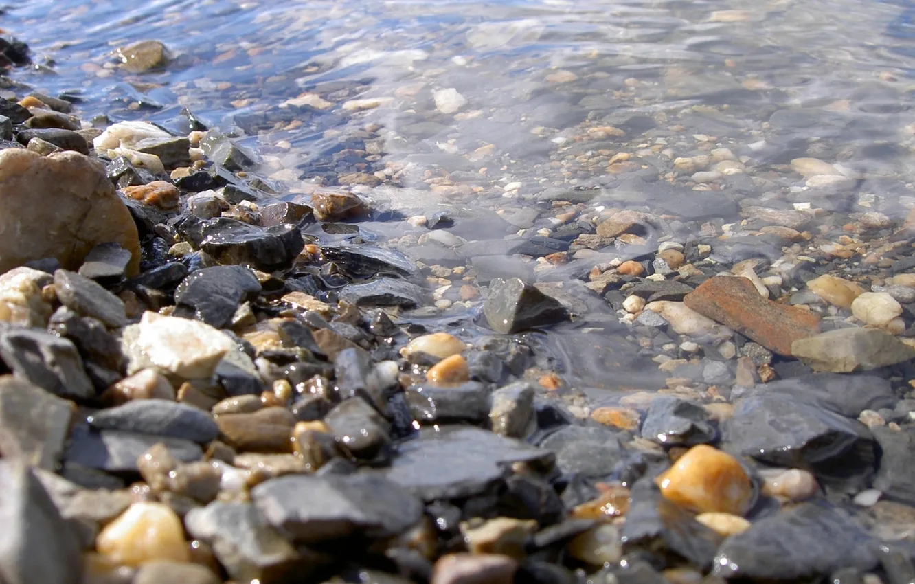 Photo wallpaper water, macro, pebbles, stones, shore, stones, pebbles