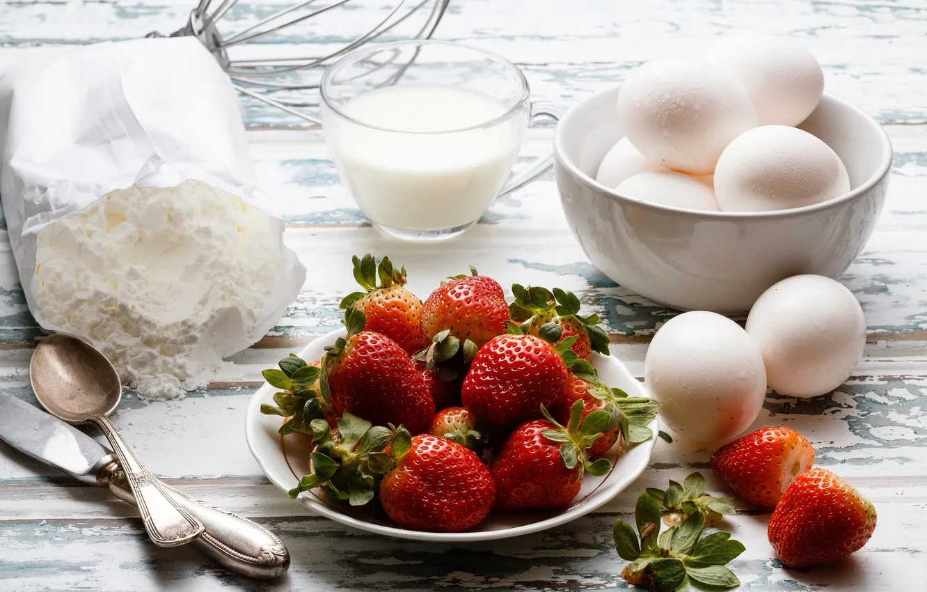 Photo wallpaper berries, eggs, milk, strawberry, dishes, flour