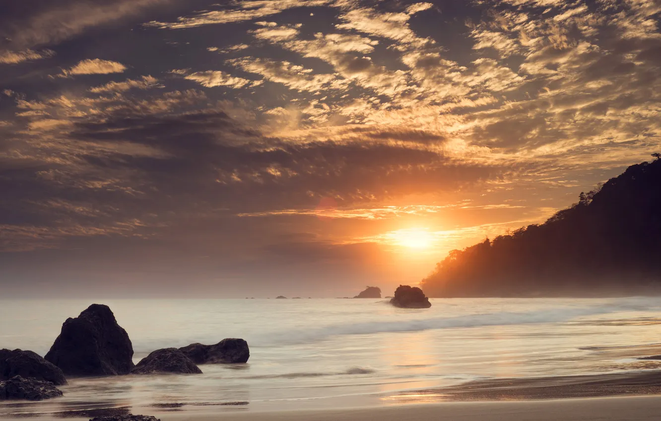 Photo wallpaper sea, clouds, stones, dawn