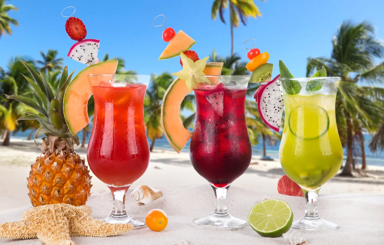Photo wallpaper beach, fresh, cocktails, sand, fruit, drink, palms, tropical