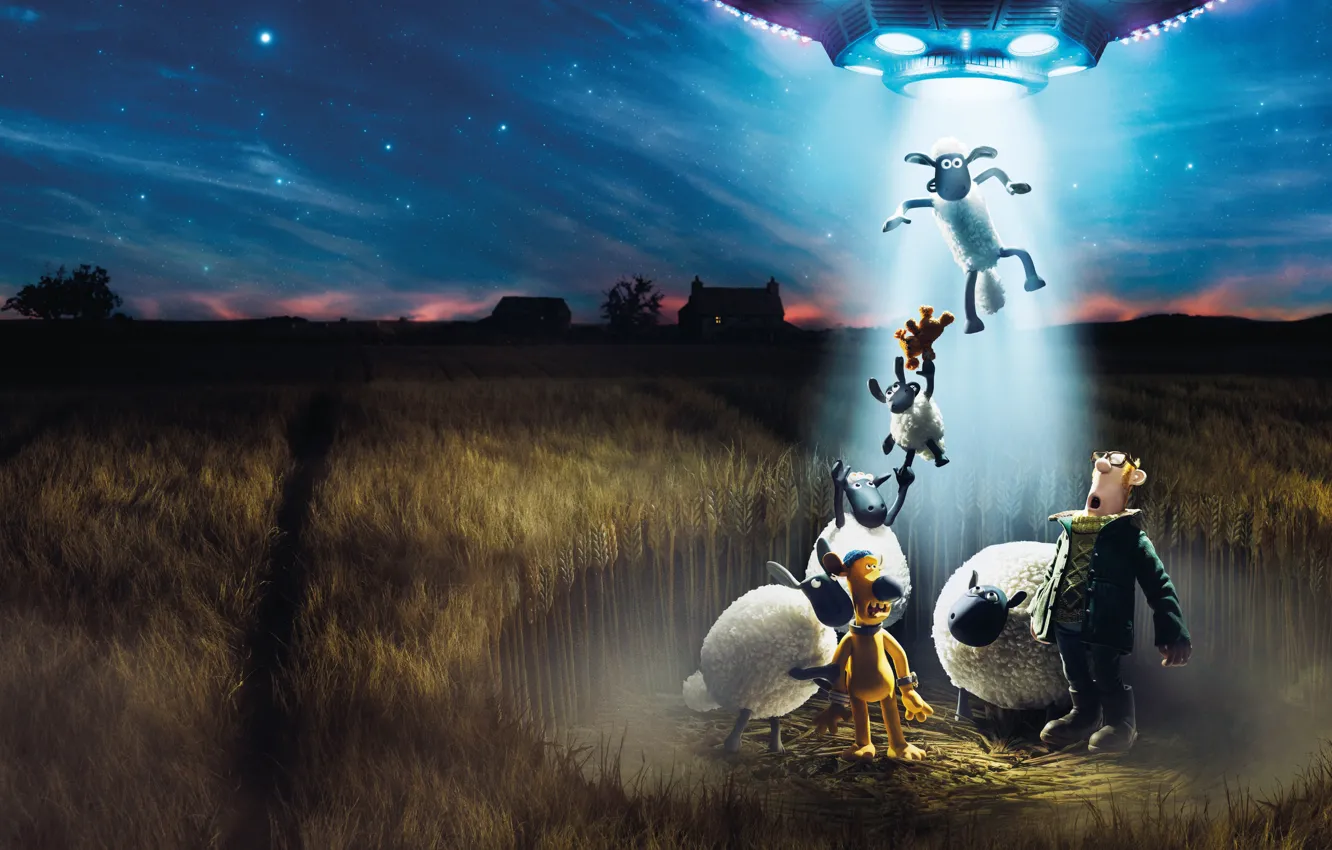 Photo wallpaper wheat, field, light, sheep, UFO, the owner, dog, dog