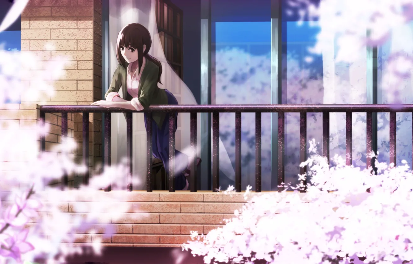 Photo wallpaper girl, spring, Sakura, balcony