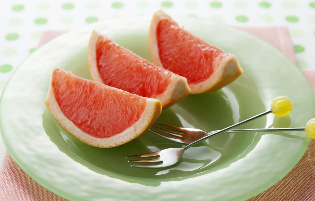 Photo wallpaper background, Wallpaper, food, fruit, fruit, wallpapers, grapefruit, slices. fork. plate