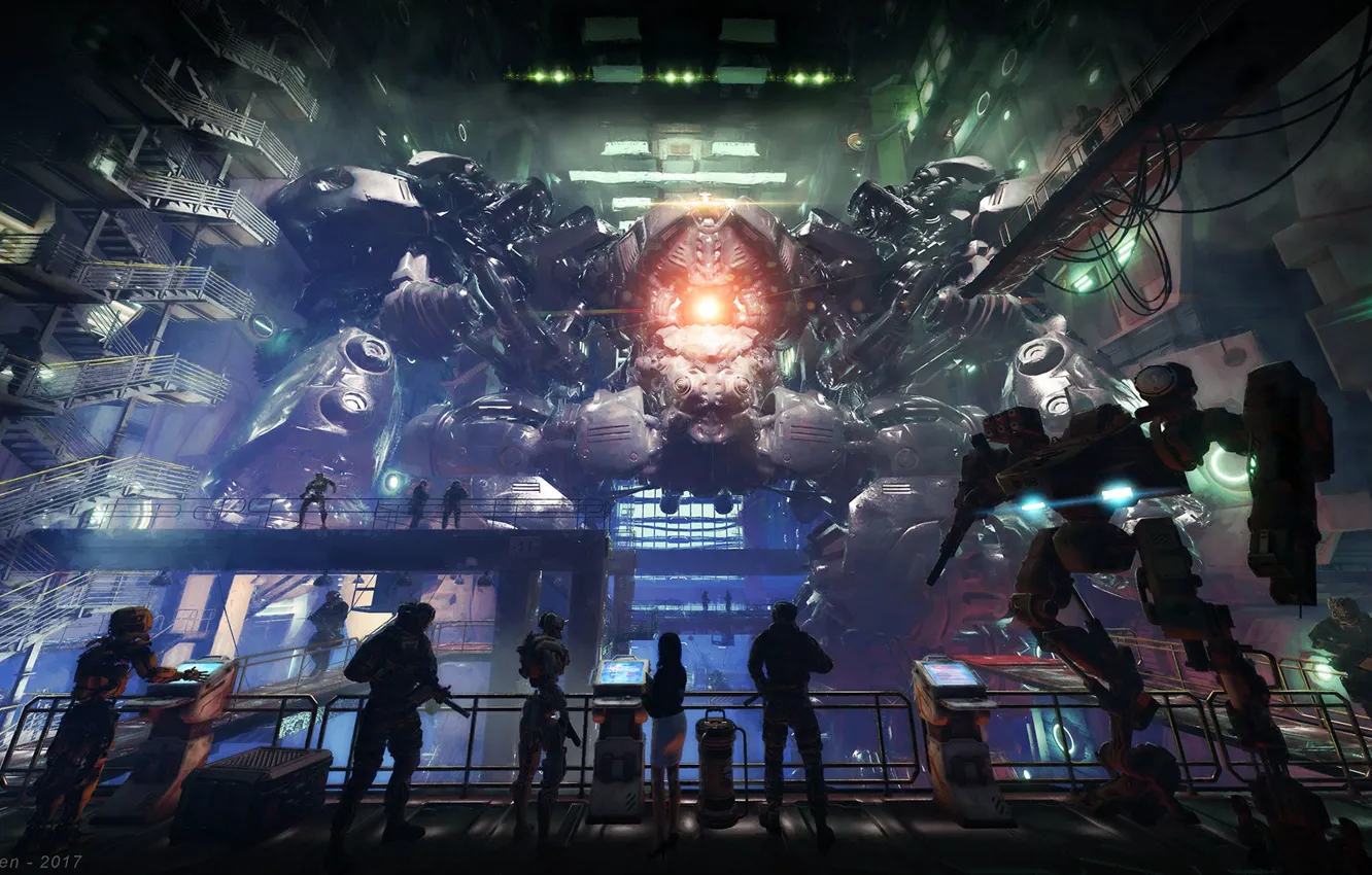 Photo wallpaper people, robot, hangar, display, EUN Secret Military Base