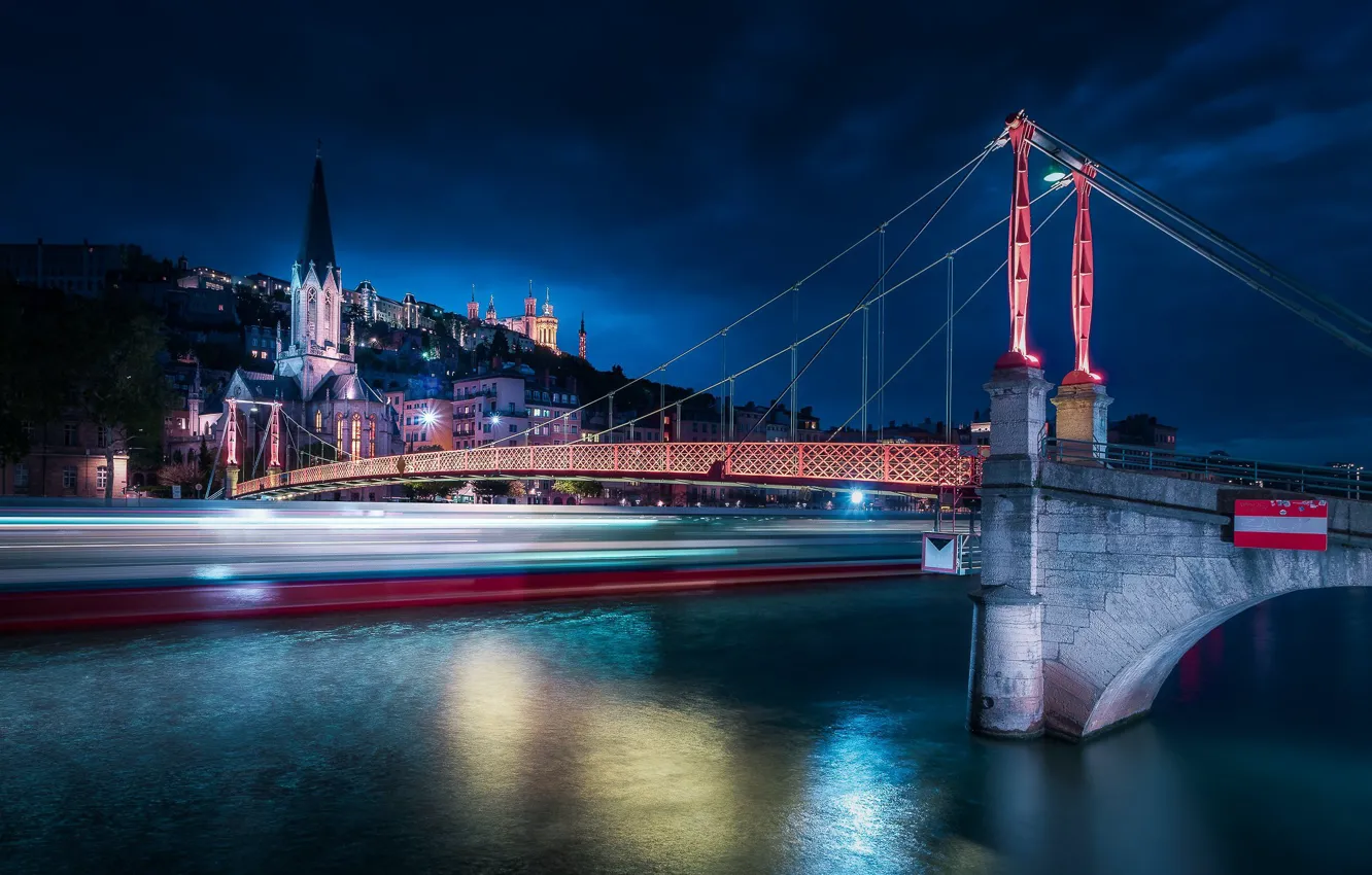 Photo wallpaper bridge, lights, river, France, Lyon