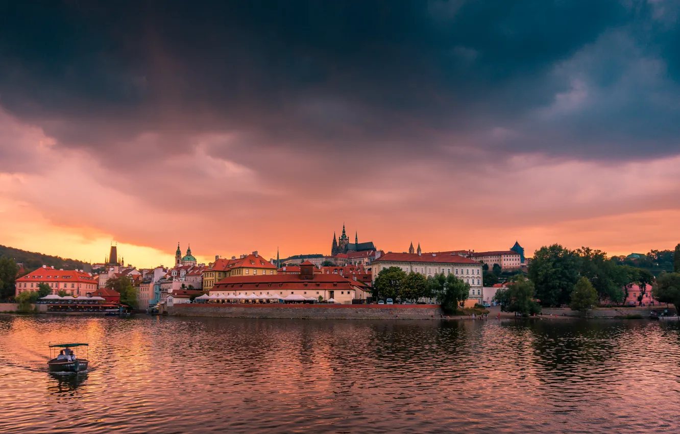 Photo wallpaper the sky, clouds, clouds, the city, shore, boat, building, tower